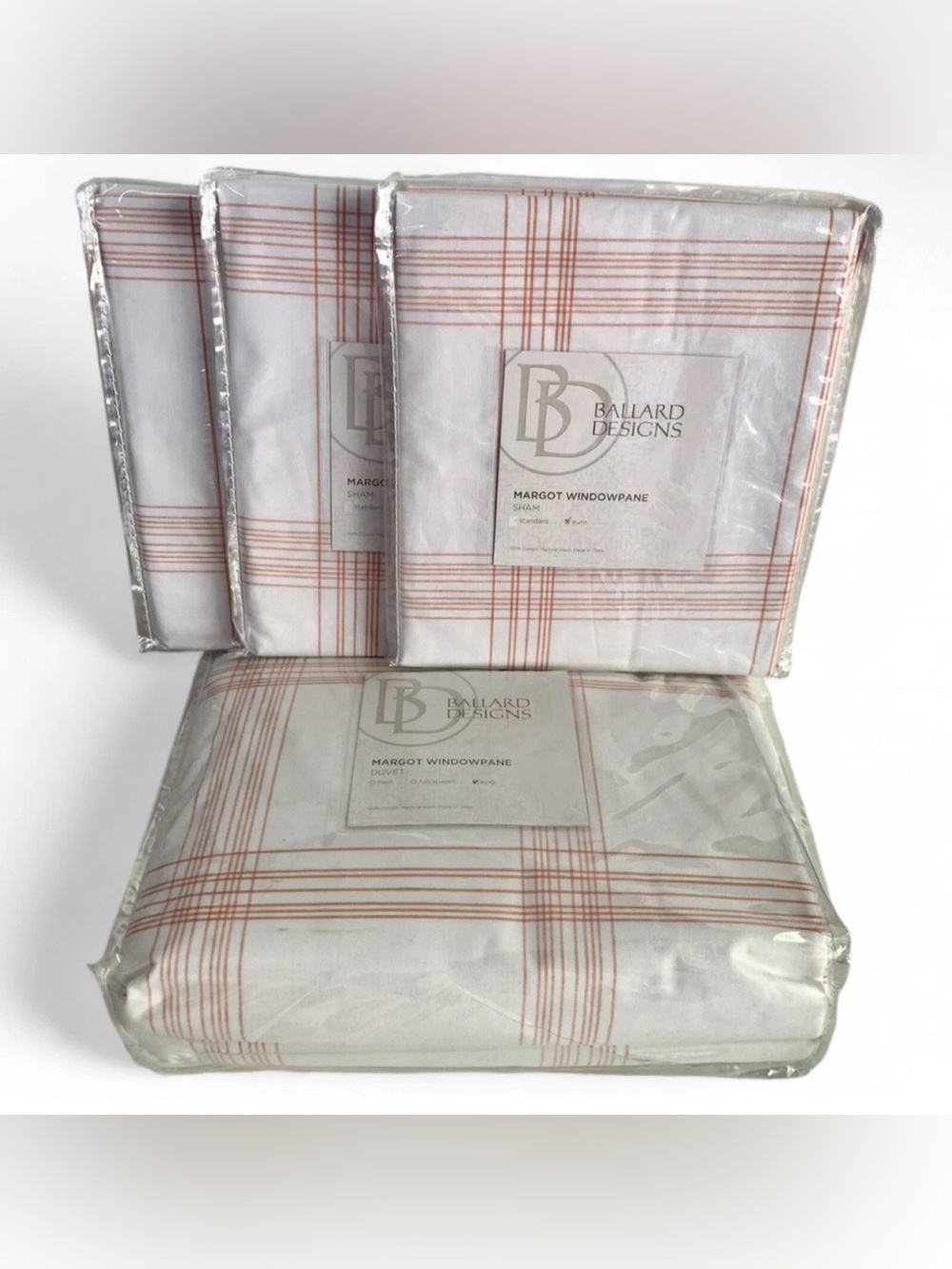 4pc SET Ballard Designs Coral Windowpane King Duvet Cover & (3) Euro Shams NIP